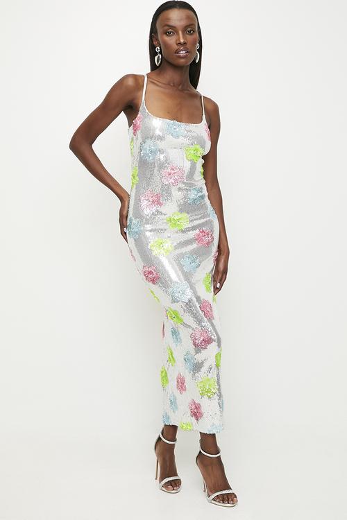 Scoop Neck Maxi Dress With Slit Details - Silver Multi