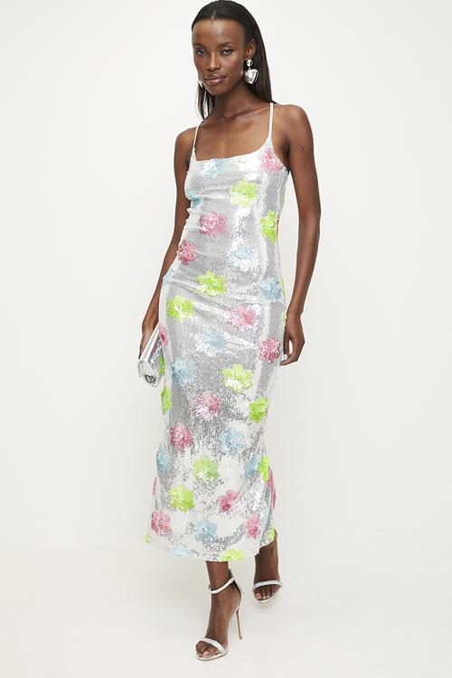 Scoop Neck Maxi Dress With Slit Details - Silver Multi