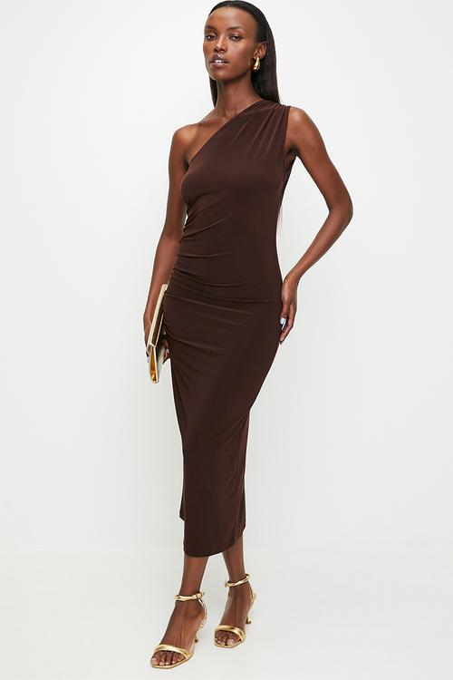 Klinky one shoulder ruched longline midi dress - emerald green