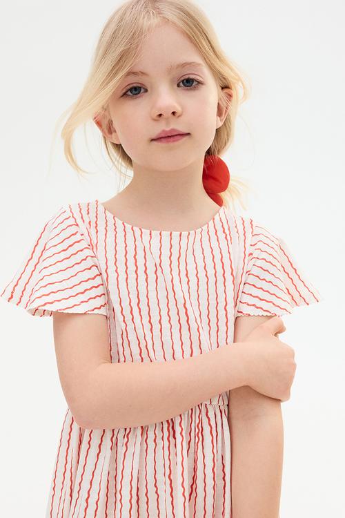 Flutter-sleeved cotton dress - cream & red striped