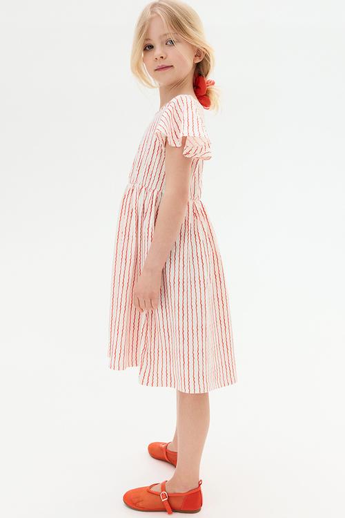 Flutter-sleeved cotton dress - cream & red striped