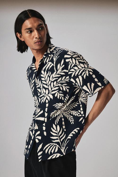 Regular fit resort shirt - black leaf-patterned