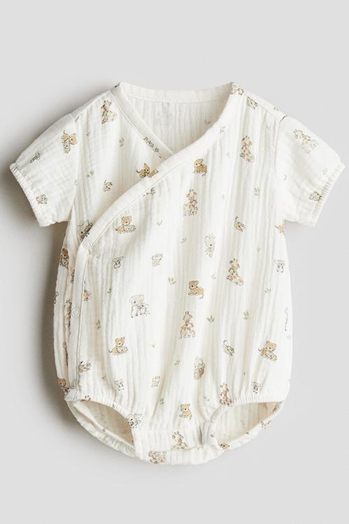 Printed muslin romper suit - cream/animals