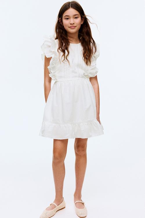 Flounce-trimmed cotton dress - white