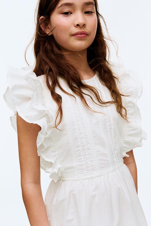 Flounce-trimmed cotton dress - white