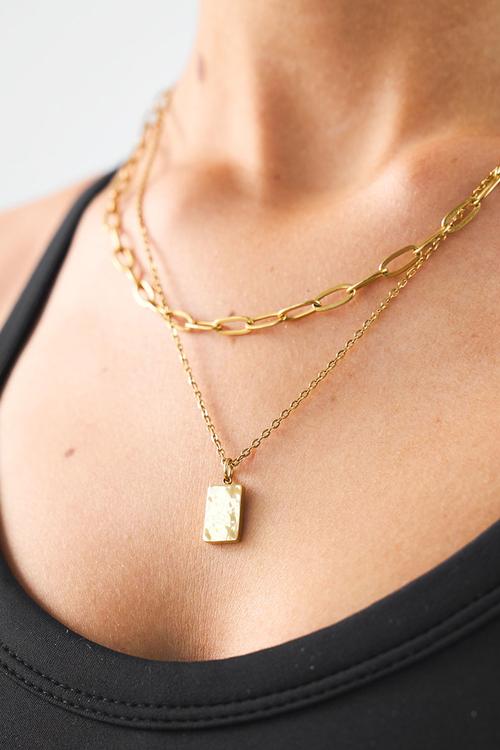 Stacked necklace with paperclip & charm - gold