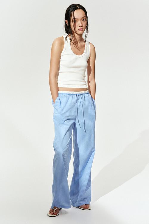 Double-waistband poplin drawstring trousers - blue striped
