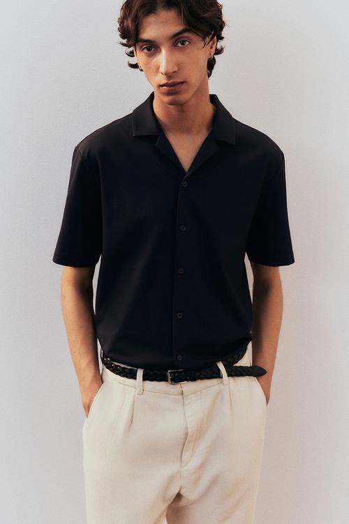 Regular fit ribbed resort shirt - navy blue