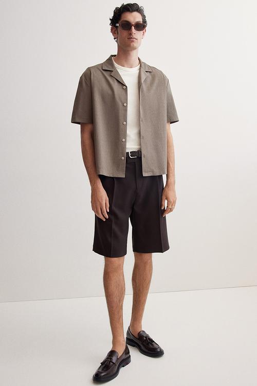 Regular fit ribbed resort shirt - dark beige