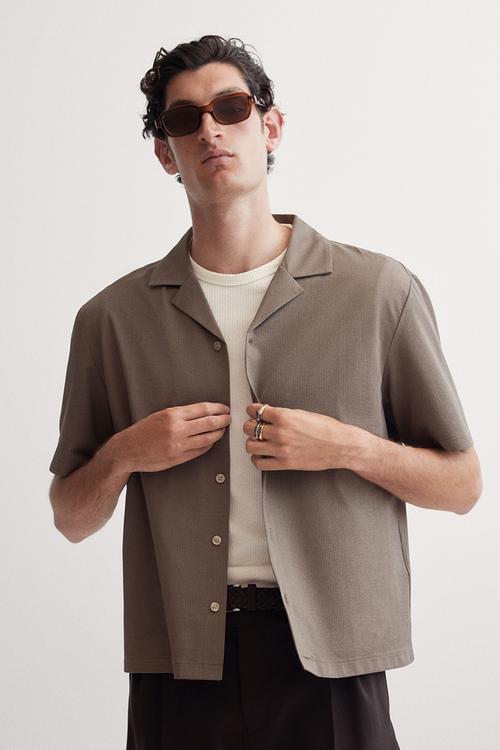 Regular fit ribbed resort shirt - dark beige