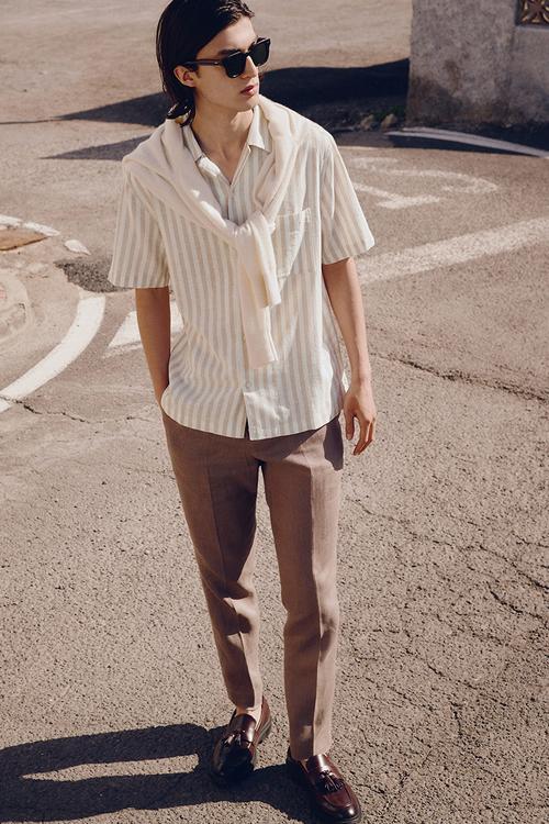 Regular fit short-sleeved linen-blend shirt - beige/white striped