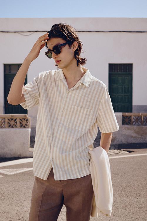 Regular fit short-sleeved linen-blend shirt - beige/white striped