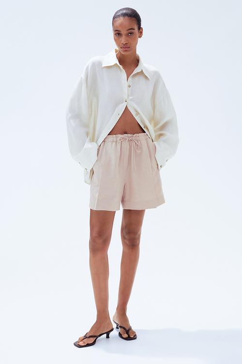 Linen-blend drawstring shorts - light beige