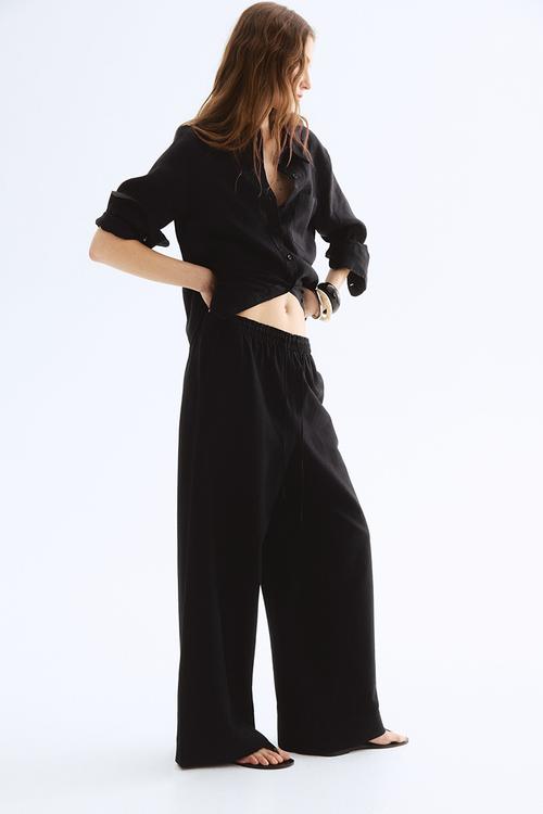 Wide linen-blend trousers - black