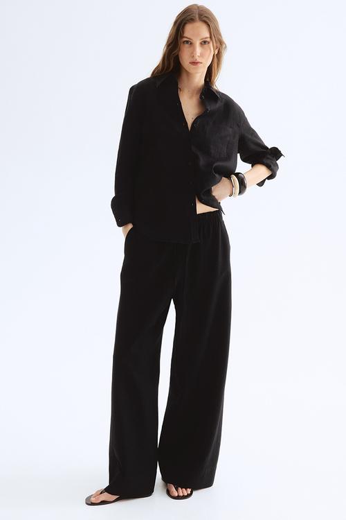 Wide linen-blend trousers - black