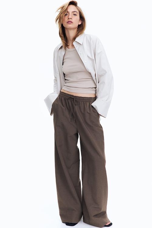 Wide linen-blend trousers - dark brown