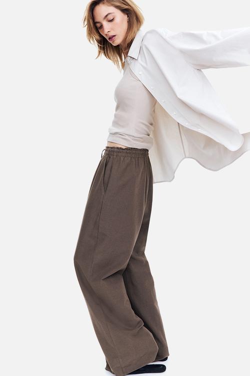 Wide linen-blend trousers - dark brown