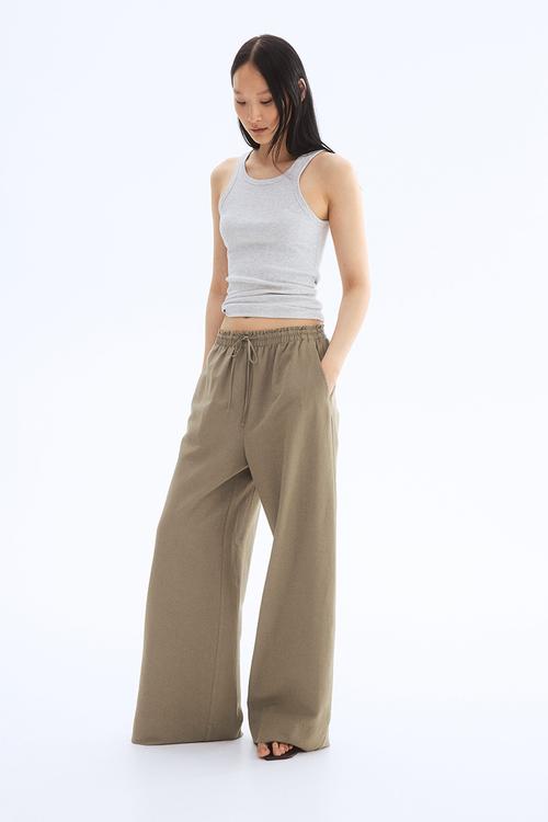 Wide linen-blend trousers - khaki green