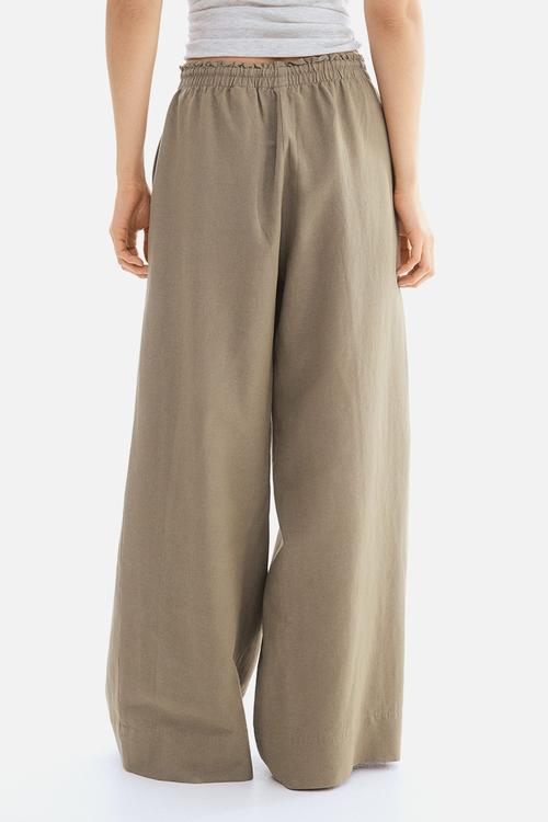 Wide linen-blend trousers - khaki green