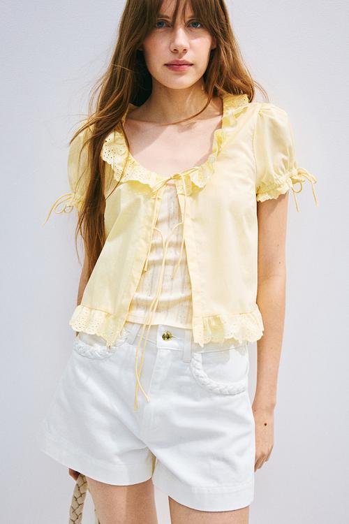 Frill-trimmed cotton blouse - yellow