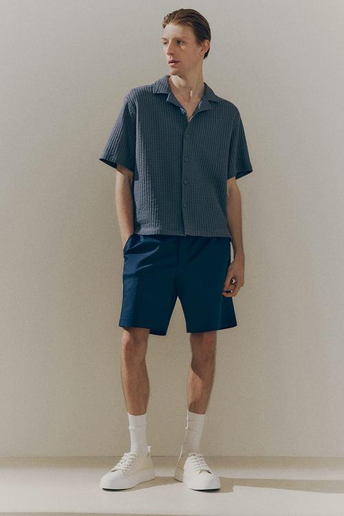 Loose fit waffled resort shirt - dark blue 