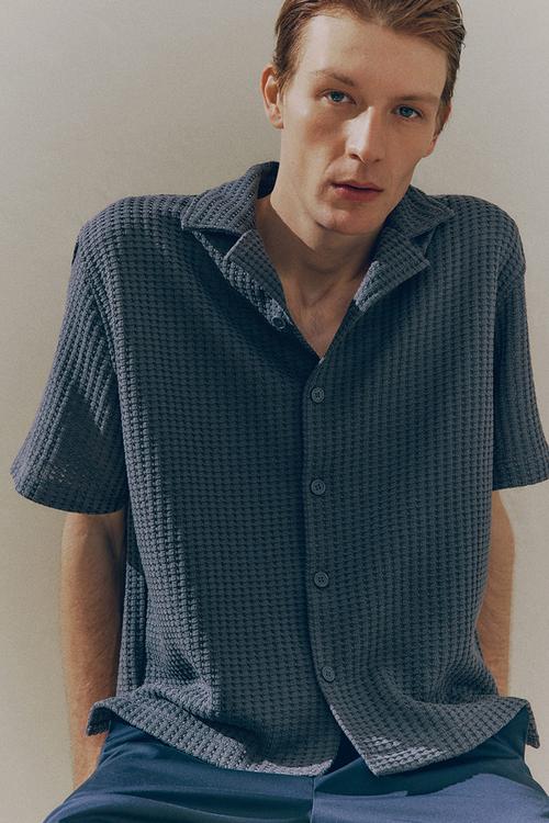 Loose fit waffled resort shirt - dark blue 