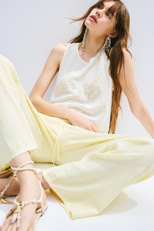 Straight drawstring trousers -  light yellow