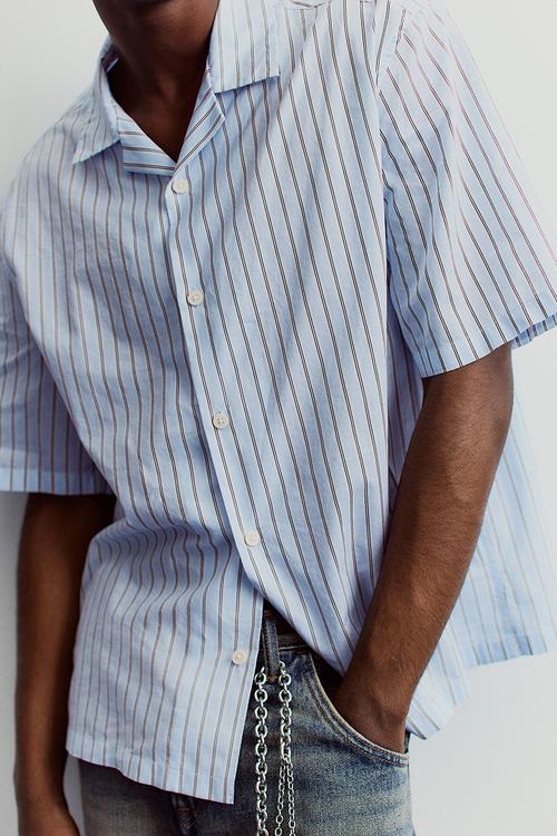 Regular fit cotton resort shirt - light blue striped