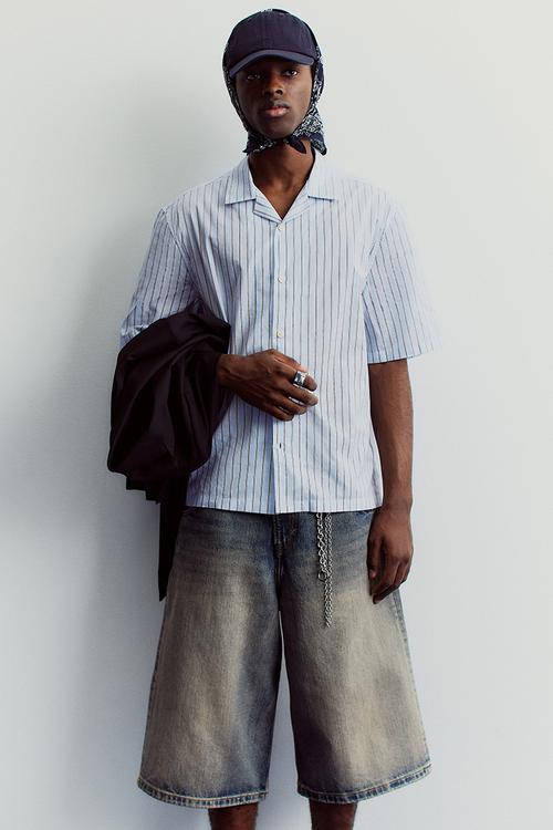 Regular fit cotton resort shirt - light blue striped