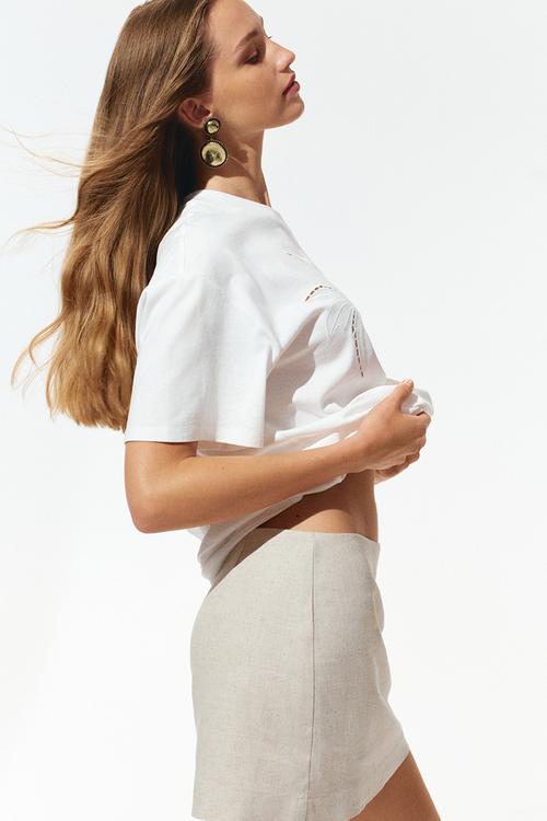 Linen-blend mini skort - light beige