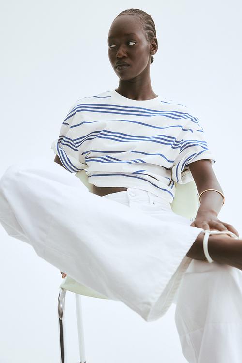Cropped t-shirt - white & blue striped