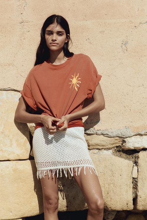Fringe-trimmed pointelle-knit skirt - white