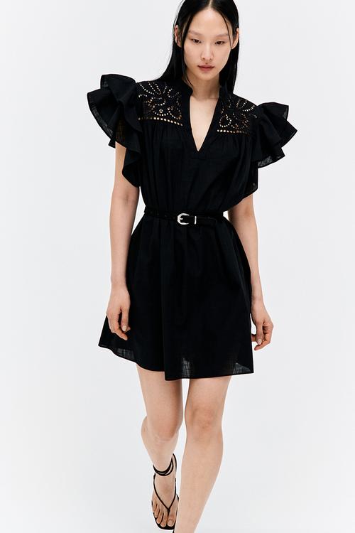 Flutter-sleeve dress with broderie anglaise - black