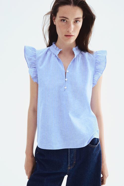 Linen-blend blouse - light blue striped
