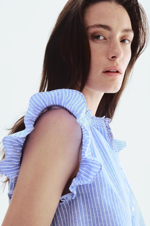 Linen-blend blouse - light blue striped