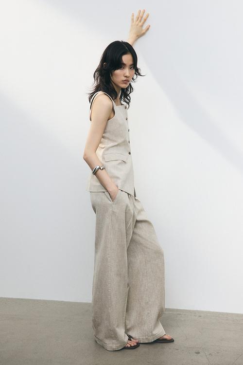 Wide linen-blend trousers - beige marl