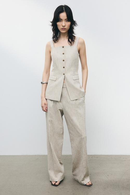 Wide linen-blend trousers - beige marl
