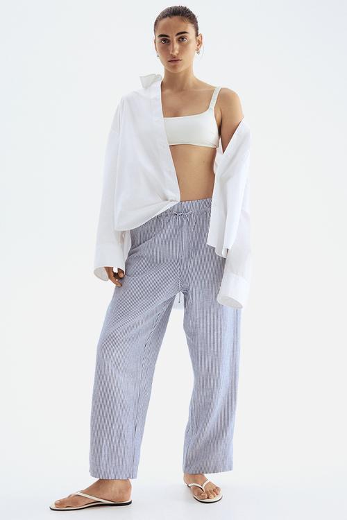 Linen-blend drawstring trousers - dark blue & white striped