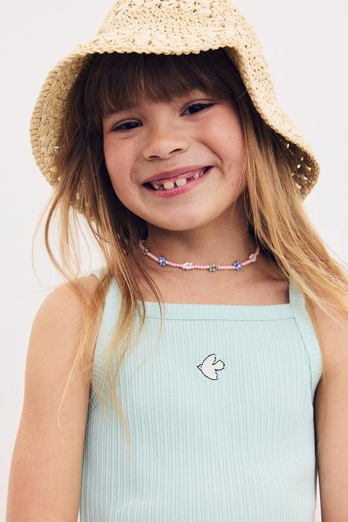 Embroidery-detail strappy top -  light turquoise/bird 