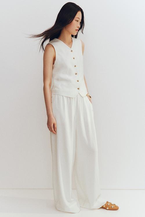 Wide linen-blend trousers - white
