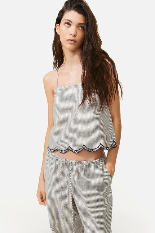 Embroidered tie-strap top - white & black striped