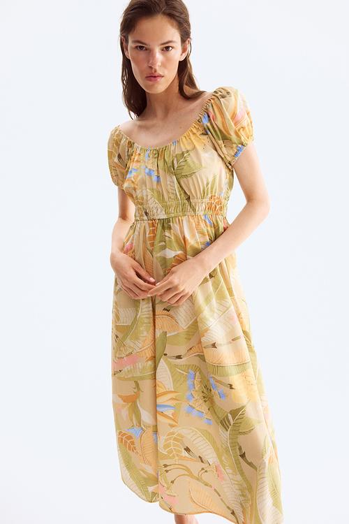 Off-the-shoulder poplin dress - beige floral