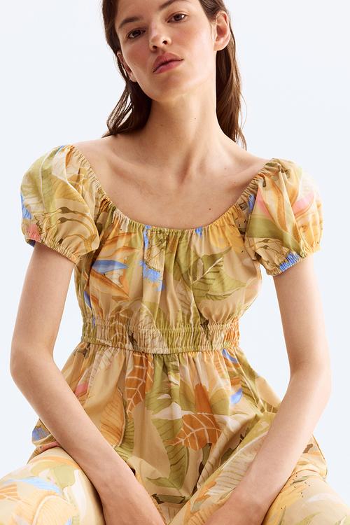 Off-the-shoulder poplin dress - beige floral