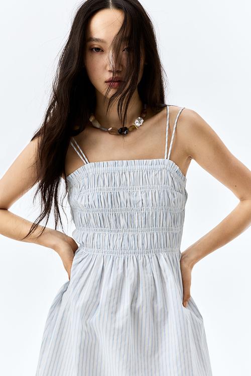 Smocked-bodice cotton dress - white & light blue striped