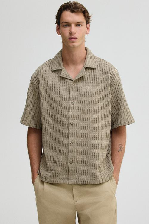 Loose fit waffled resort shirt -  khaki green