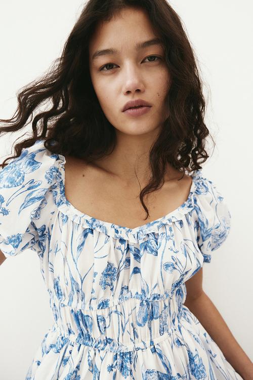 Bubble-hem cotton dress - white & blue floral 