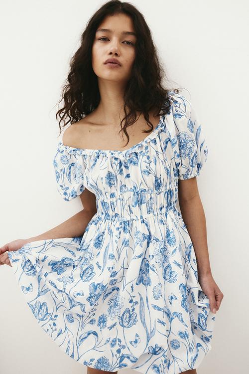 Bubble-hem cotton dress - white & blue floral 