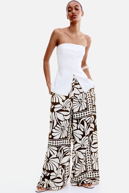 Wide pull-on trousers - brown & white patterned