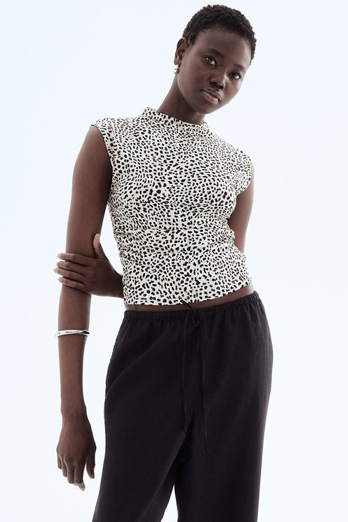 Draped turtleneck top - light beige leopard print