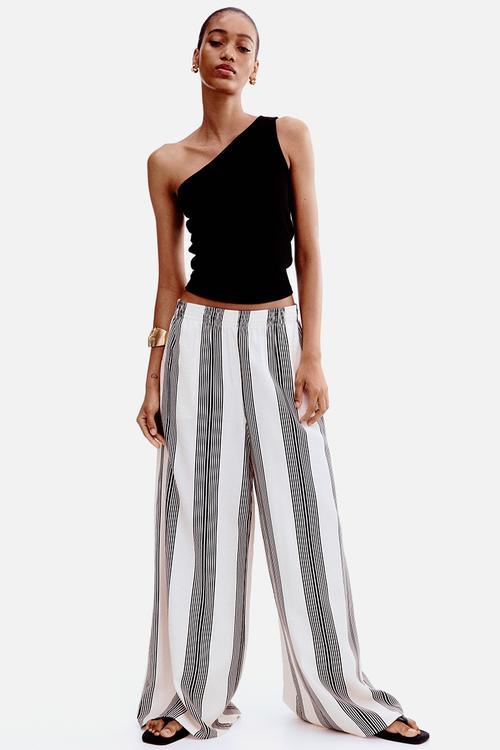Wide pull-on trousers - cream & black striped 